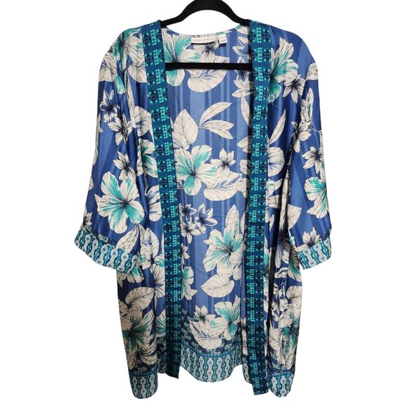 Susan Graver Plus Size 2X Blue White Floral Pattern Open Front Longline - Picture 6 of 8